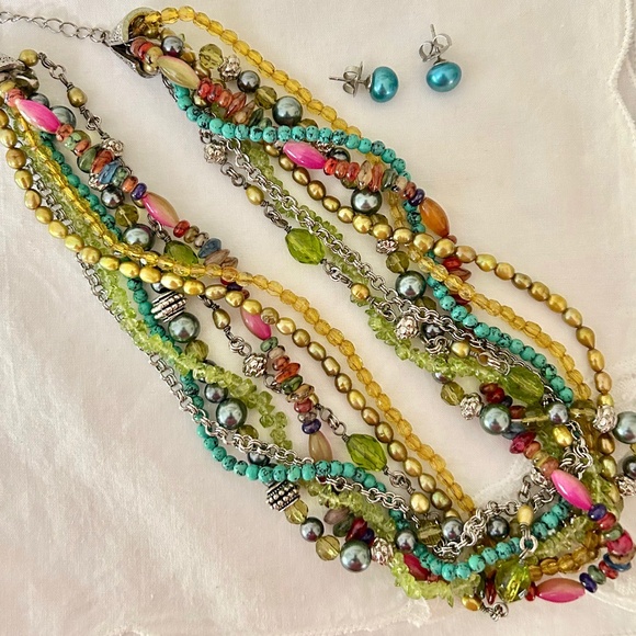 Multi-Colored Chunky Beaded Choker With Pierced Earrings - Picture 2 of 3